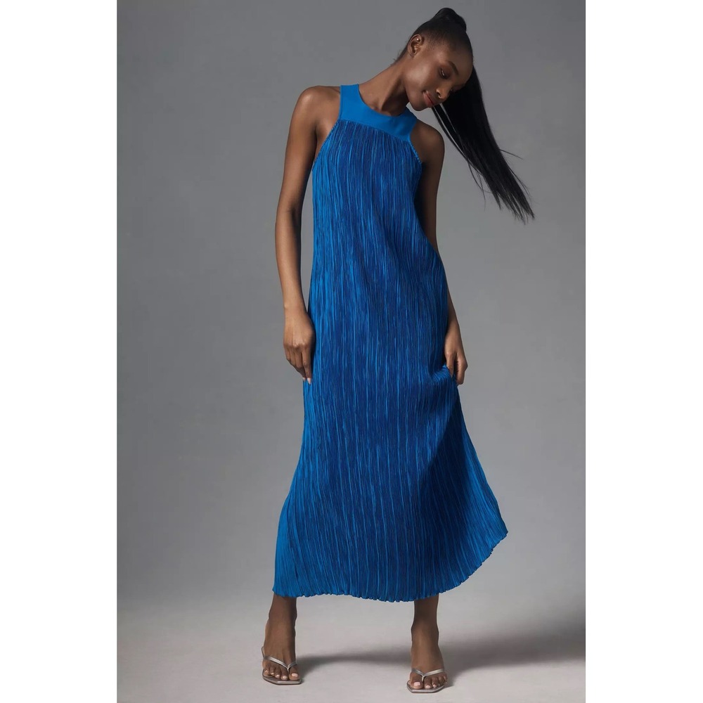 Anthropologie Cobalt Blue Plisse Halter‎ Maxi Dress XS Petite EUC Pleats Wedding